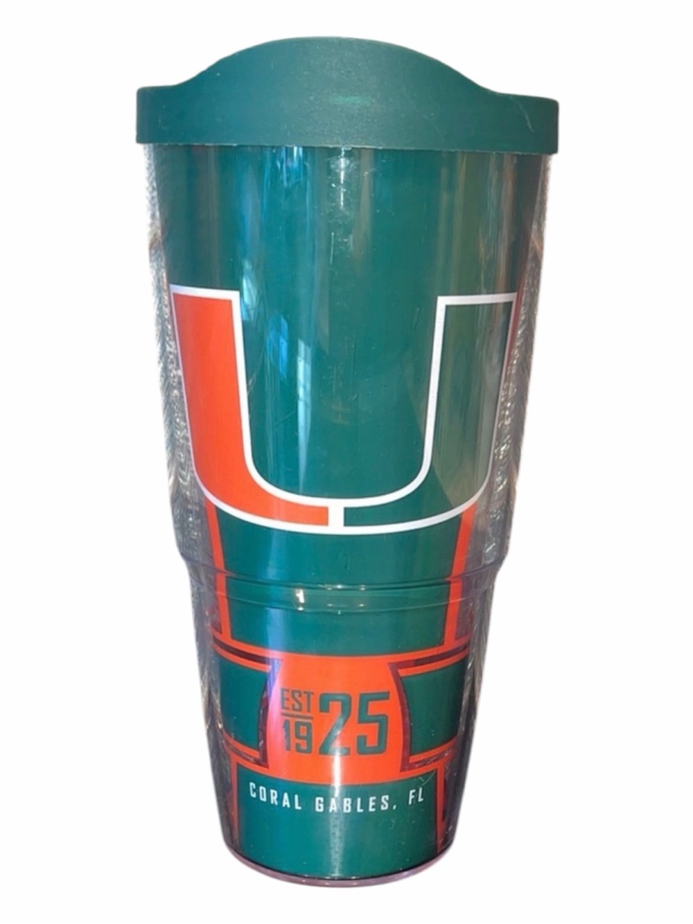 University of Miami College Tumbler Hurricanes Cup Travel Mug Orange Green The U